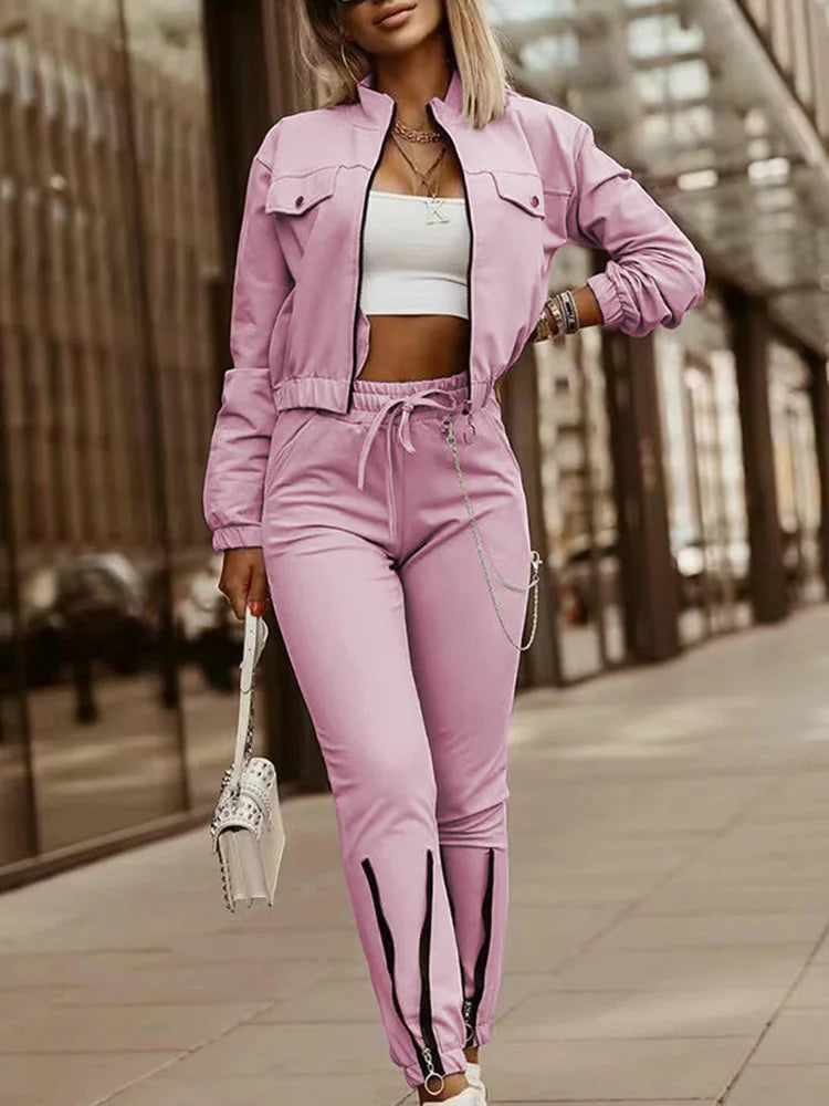 Two Pieces Matching Sets, Women Autumn Winter Long Sleeve Stand Collar Coats Outfit, Elastic Waist Pencil Pants Loungewear Suits.