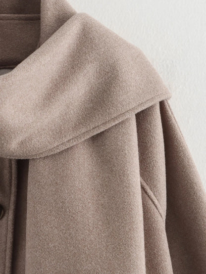 Women Fashion Brown Scarf Coat Jacket Loose Long Sleeve Single Breasted Pocket Jacket Fall/Winter Casual Wool Blend Jacket