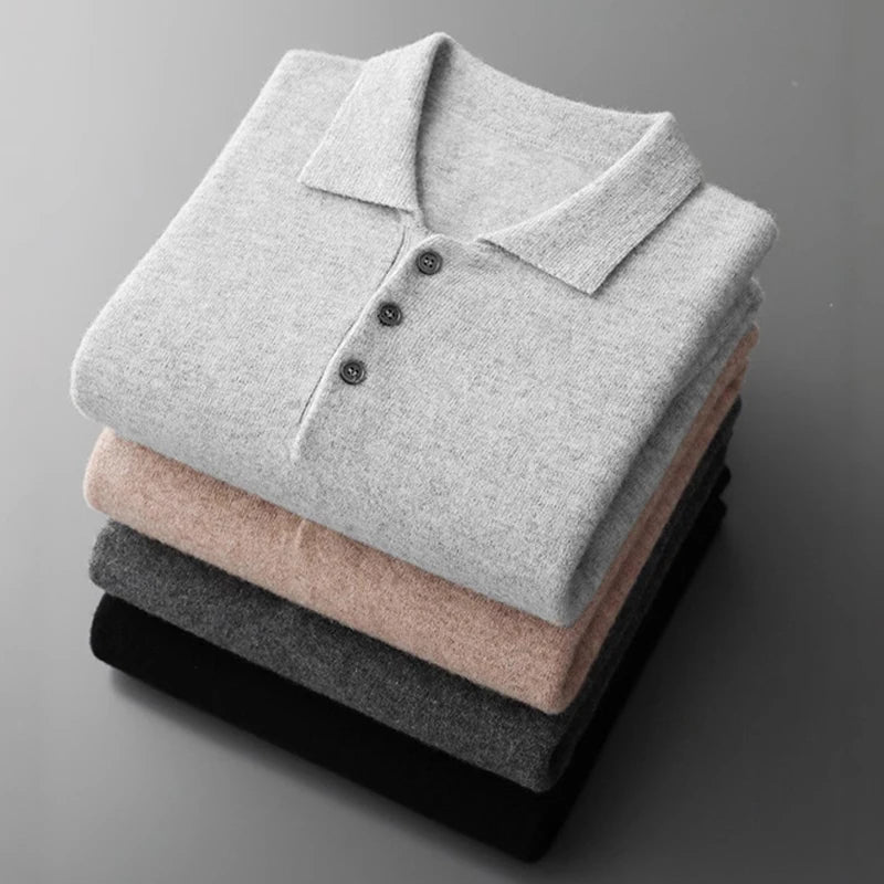 Luxury Men Cashmere Sweater 100% Merino Wool Buttoned Pullover Autumn Winter Polo Collar Knitwear Male Casual Warm Jumper Tops.