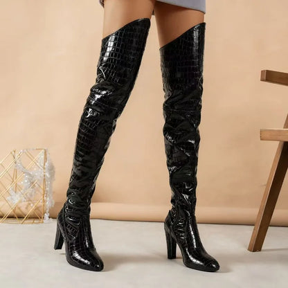 Sexy Women's Over Knee High Boots Black Square Toe Kitten Heel Knee High Boots Luxury Nightclub Boots Women.