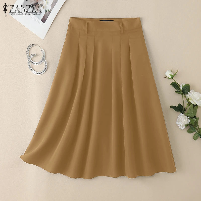 ZANZEA Summer Solid Midi Skirt Elegant Women High Waist Work OL Skirts Fashion A-line Jupes Stylish Party Faldas Saia  Plus Size.