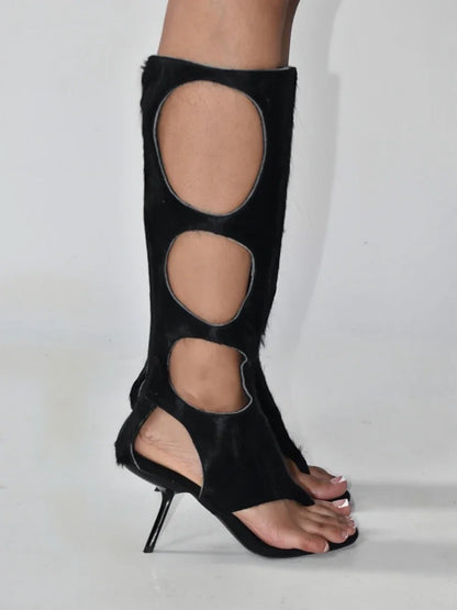 2025 New Luxury Women's Knee-High Boots | Real Horsehair Cut-Out Stiletto Heel & Rear Zipper | Evening Party Club Dress Shoes