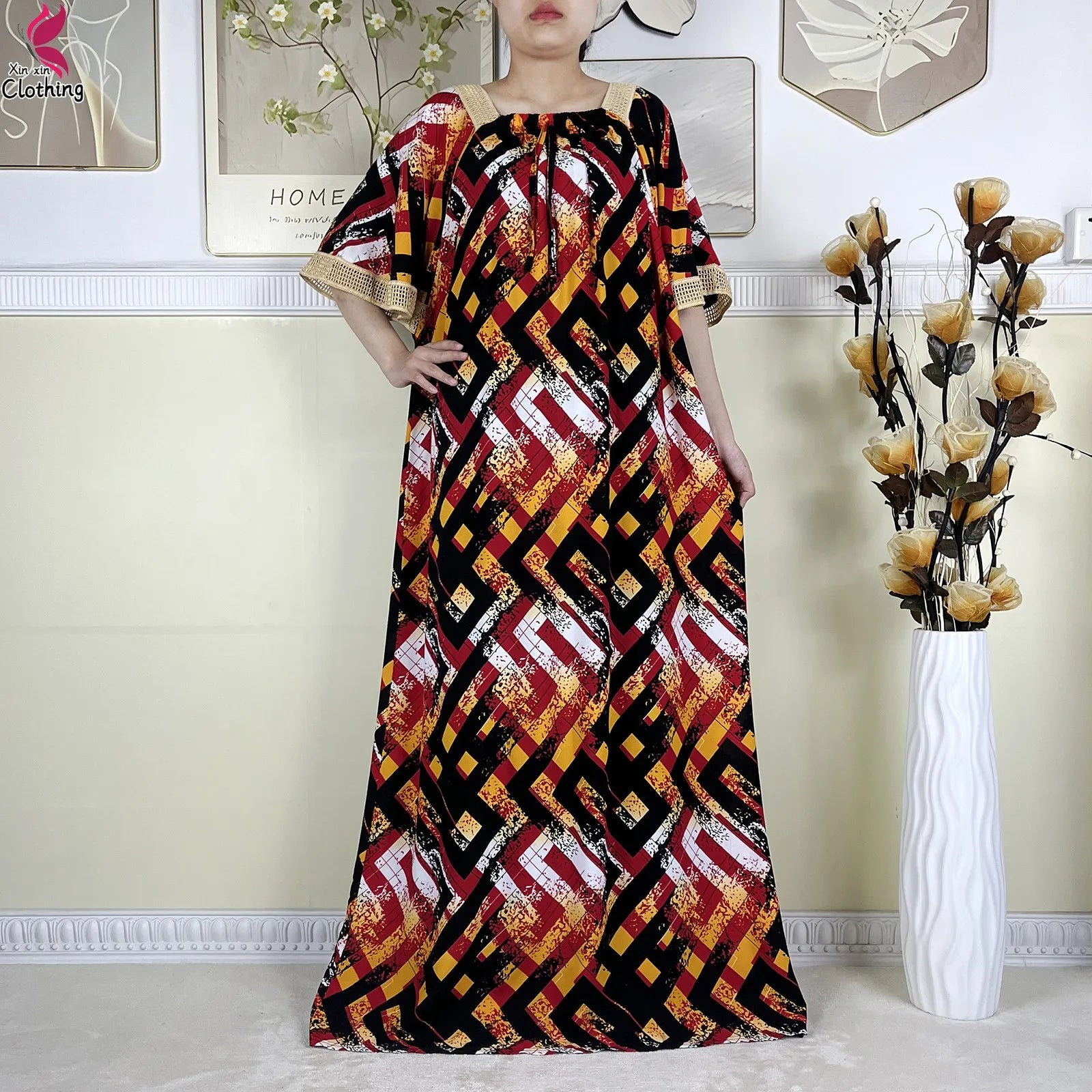 New Muslim Dubai Elegant Dress Summer Short Sleeve African Abaya Printing Cotton Loose Femme Robe Islamic Dresses With Scarf.