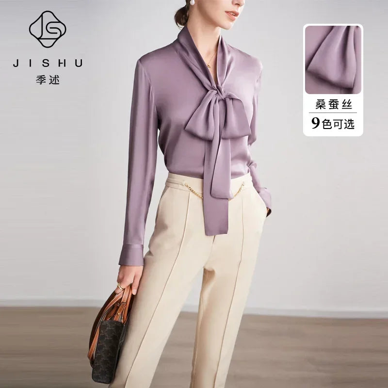Silk Shirt Women's Thick Temperament Streamer 2025 Spring and Summer New Mulberry Silk Lace-up Design Shirt Long-sleeved Top.