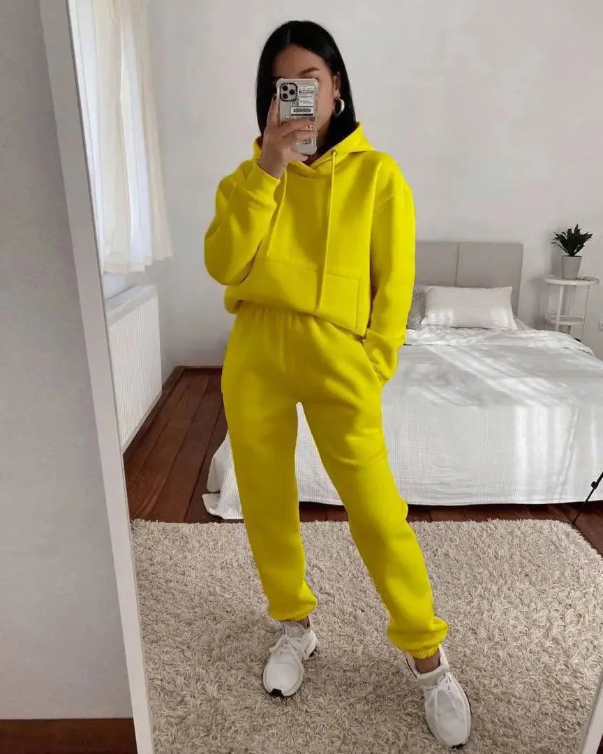 Women's Pocket Long-sleeved Hooded Sweatshirt Casual Set Autumn Winter New Solid Color Loose Sport Long Pants 2 Piece Set Female