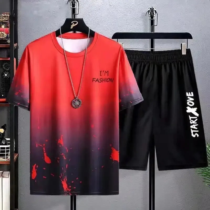 Cool Ice Silk Short Sleeve And Shorts Sports Set for Men Summer 2025 New Style Trendy Teenagers Casual Fashion Outfit.