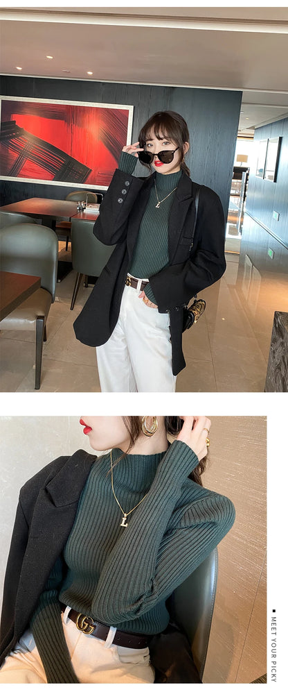 Winter Langarm Mock Neck Gestrickte Frauen Pullover Pullover Schlank Stricken Pullover Frauen Tops Blusas Mujer De Moda 2024 Blusa J995