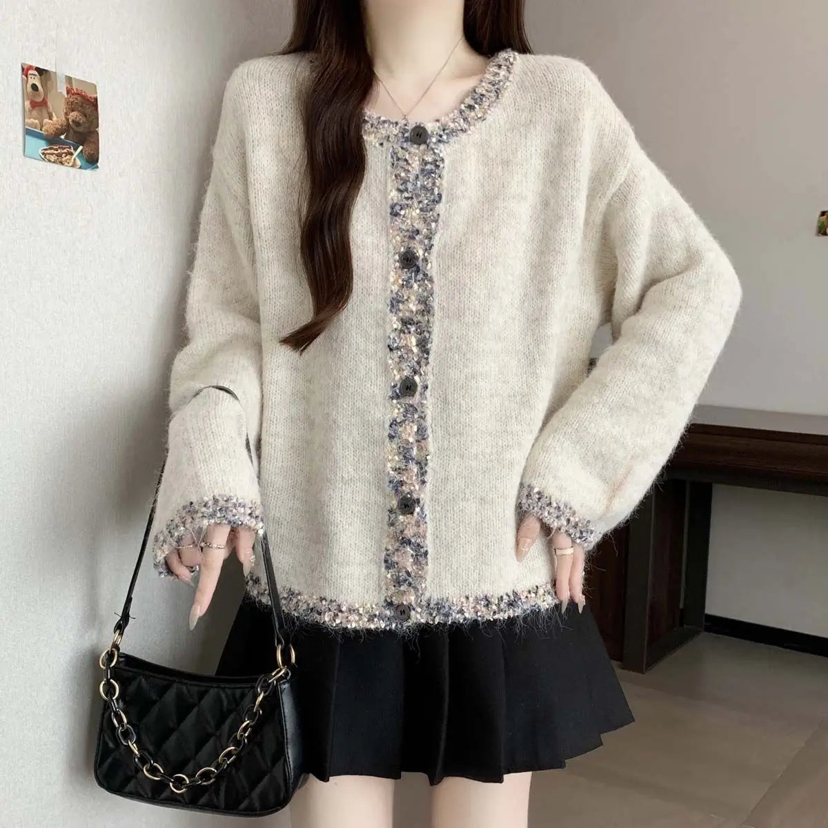 Pailletten-Strickjacke für Damen, Herbst und Winter, lockeres Schlankheitsoberteil