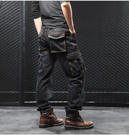 Men's Autumn/Winter Multi-Pocket Straight-Leg Cargo Pants Loose Fit Plus Size Plus Beefy Jeans Casual Comfortable Denim Trousers.