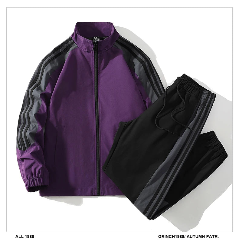 Sports suit men's  spring and autumn striped stand up collar jacket and pants paired with running and fitness two-piece set.