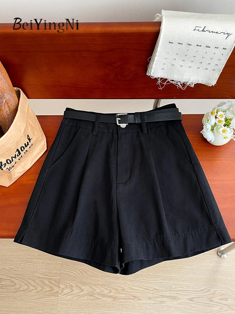 Beiyingni Korean Women High Waist Shorts With Belt Elegant Cotton Linen Casual Slim Female Shorts White Street Short Cargo Pants