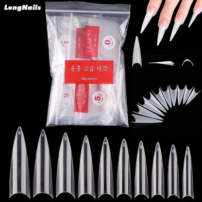 500/600pcs Long Pointed Fake Nail Tips Stiletto Half Cover French Acrylic UV Gel False Nail Extension Press On Nails Manic Tool.