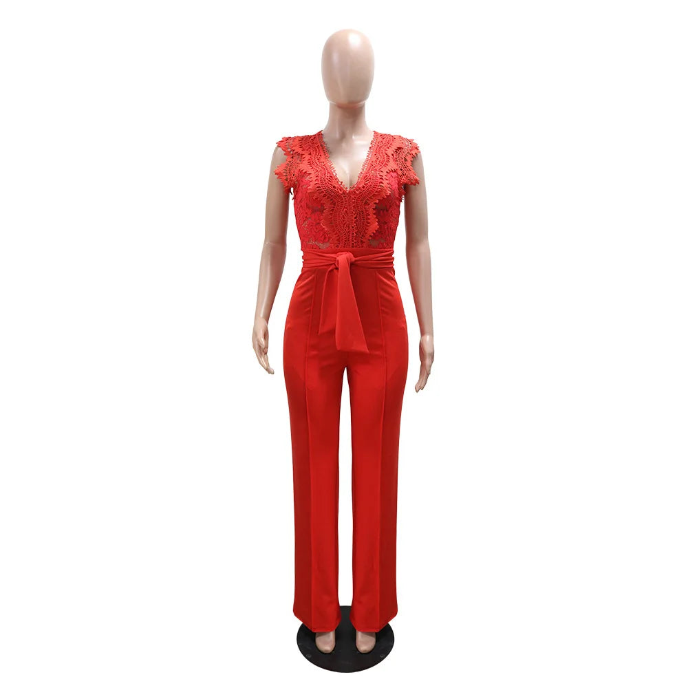 Women's Sexy Sleeveless Lace Patchwork Jumpsuits Solid Color Hollow Out Belted Wide Leg Rompers.