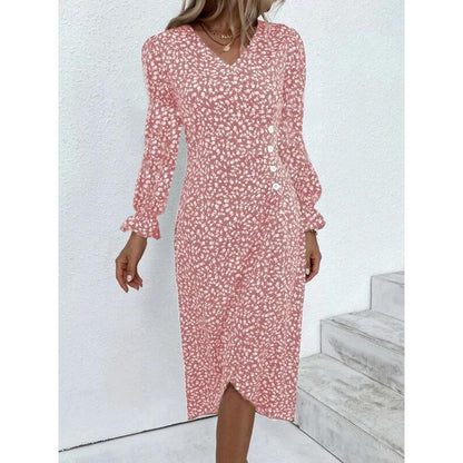 Elegante Blumen Plissee H-förmigen Midi Kleid Weibliche V-ausschnitt Puff Sleeve Taille Geraffte Taste Kleider Frauen Sommer Kleid Robe