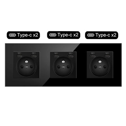 JHJCH Touch Lichtschalter Frankreich Steckdosen USB C Telefon Ladung Kristallglas 1/2/3Gang Wandschalter Doppelsteckdosen Schwarz