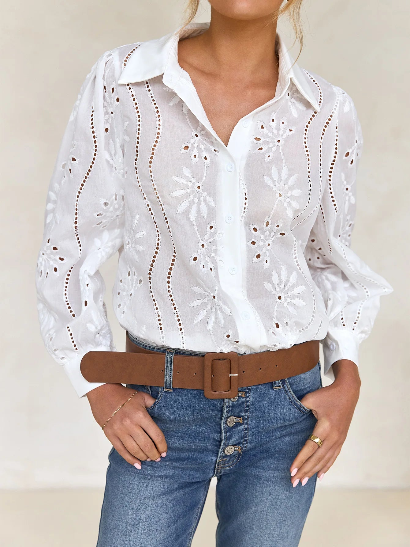 2025 Autumn New Solid Shirt Casual Loose Fashion Hollow Puff Sleeve Cardigan Tops For Women Office Black Hollow out Blouses.