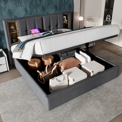 KOMHTOM Doppelbett Polsterbett Grau Baumwolle - Kabelloses Laden USB C, Bettgestell mit Stauraum, Holz-Lattenrost, ohne Matratze