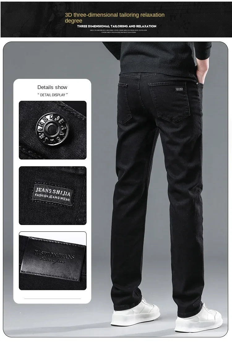 Spring Autumn New Men's Pure Black Slim Jeans Elastic Straight Pants Business Fashion Leisure Korean Vintage Denim Pants Male.