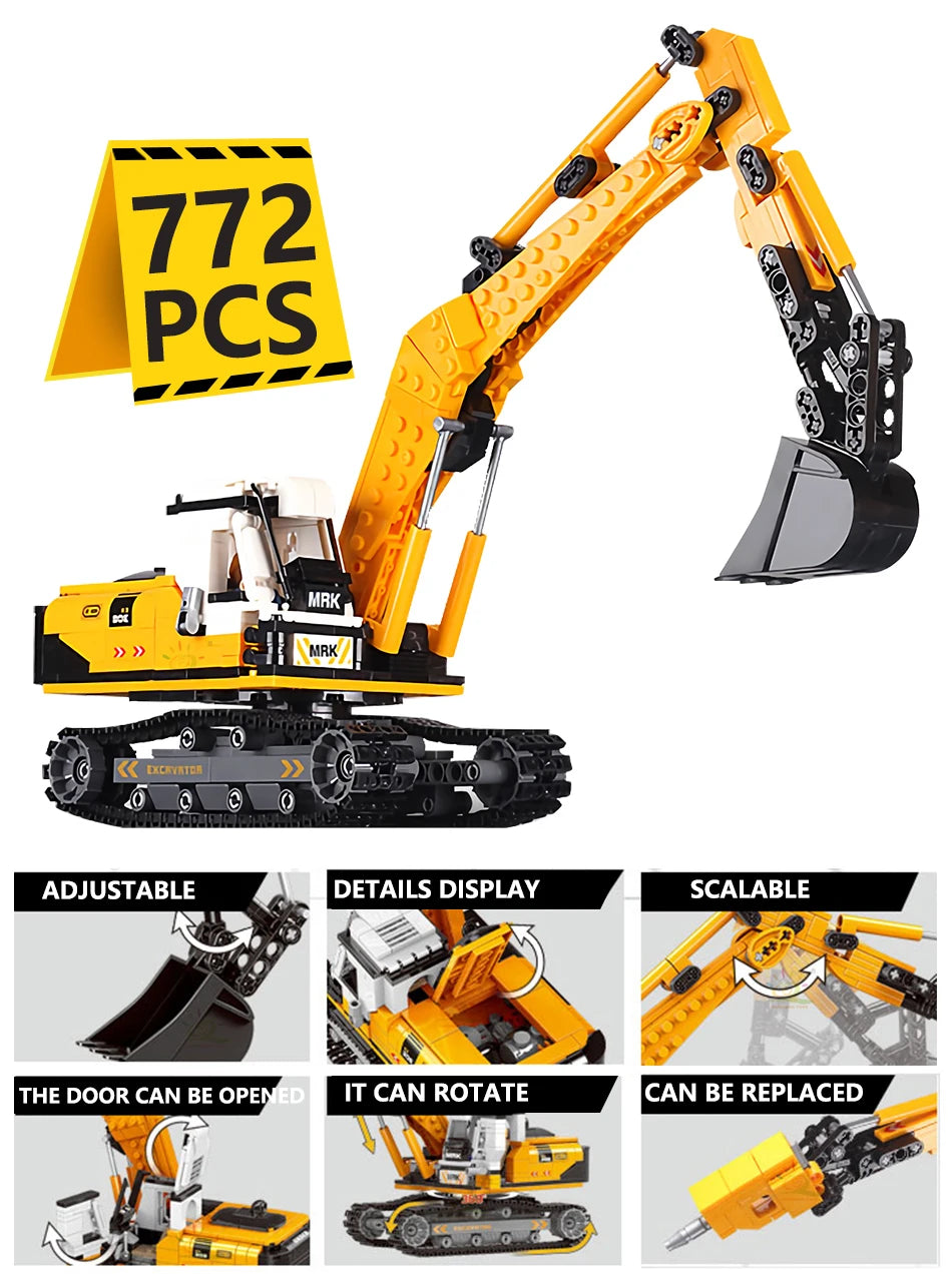 HUIQIBAO Engineering Truck Building Blocks Vehicle Excavator Bulldozer Crane Car Bricks City Construction Toys For Children Boys.