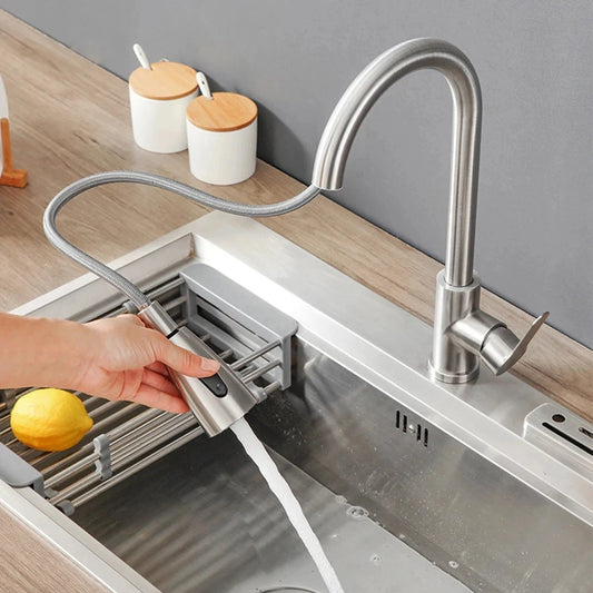 Kitchen Faucets Brushed Nickel Pull Out Kitchen Sink Water Tap Deck Mounted Mixer Stream Sprayer Head Hot Cold Taps Sliver