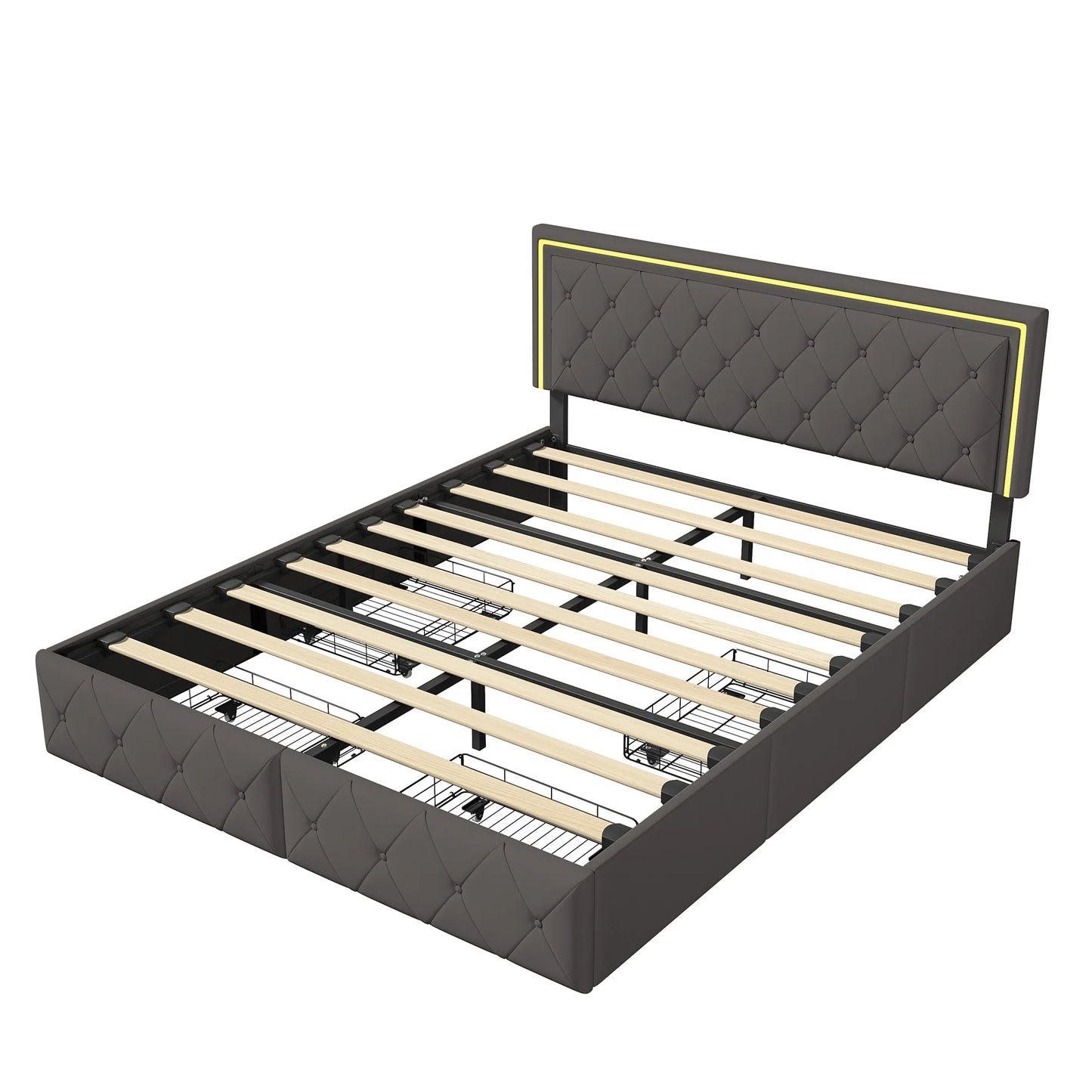 Rosahqnda Modernes Kunstlederbett mit Schubladen, stilvolles Doppelbett aus Kunstleder mit Stauraum, ohne Matratze