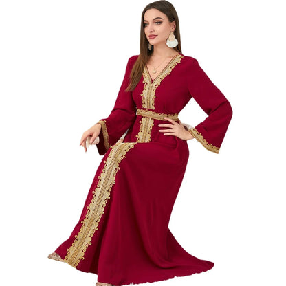 Muslimische Damenbekleidung, reine Farbe, Spleißen, Basic, lockerer, bestickter langer Rock, langärmeliges Kleid.