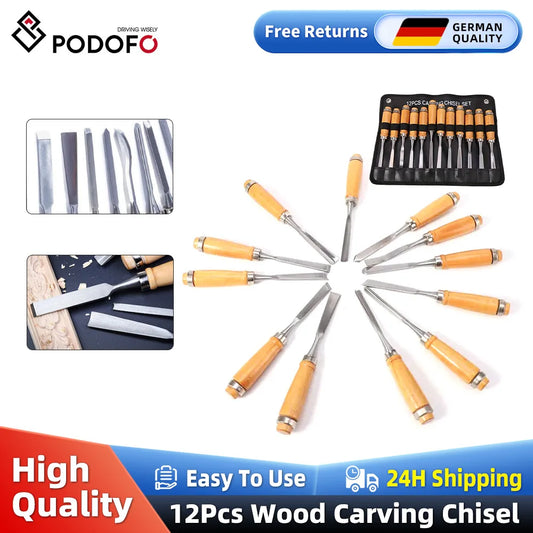Podofo  12Pcs Wood Carving Hand Chisel Tool Set Woodworking Professional Gouges Consruction An Carpentry Tools