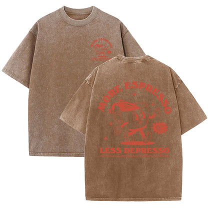 More Espresso Less Depresso Letter Cup Drink Print Washed Womens Tee Shirt Cotton T-Shirts New Breathable Clothes All-Match  Top