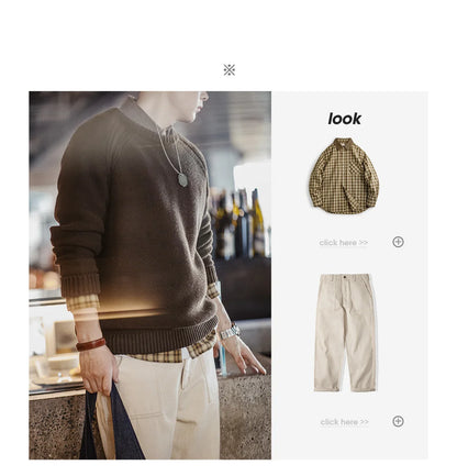 Maden New Vintage Heavyweight Knitted Crew-neck Sweater Brown Warm Pullover Men's Versatile Top for Autumn and Winter Knitwear.