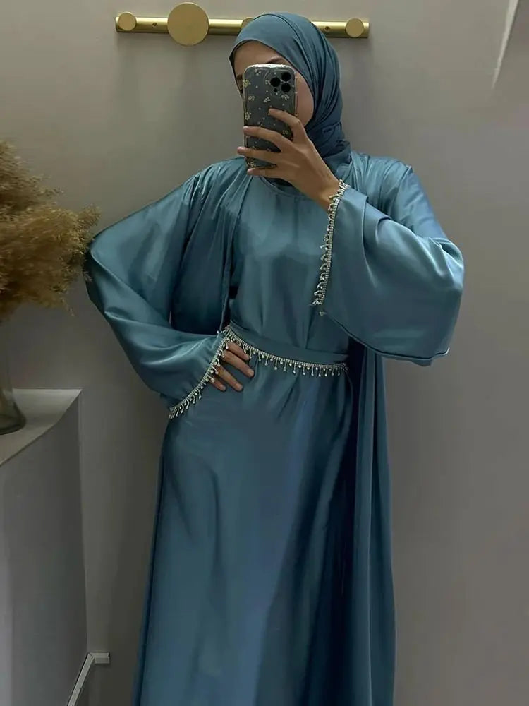 Ramadan Kebaya Chain Satin Kimono 2 Piece Abaya Set Turkey Islam Dress Muslim Sets Abayas For Women Robe Femme Musulmane Kaftan.