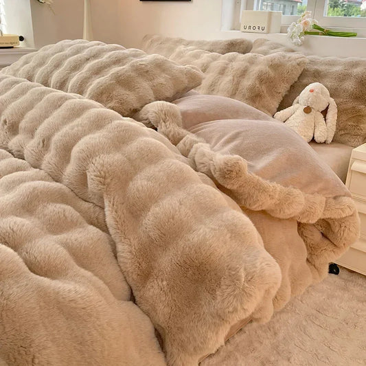 4pcs Grey Rabbit Fur Bedding Set Thick Milk Plush Winter Duvet Cover Warm Bed Sheets, Queen Size Four Piece Set  Bedroom Decor.