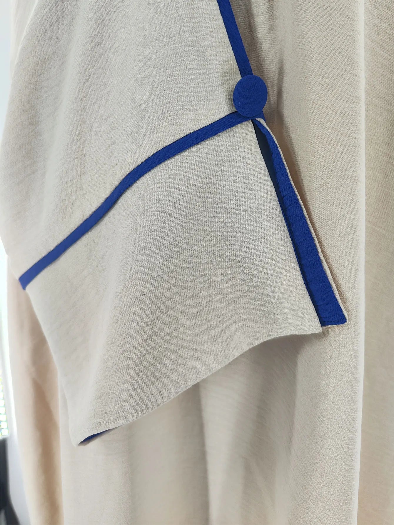 Beige Abaya Embroidered with Blue Patterns on Neckline Sleeves with Trim for Middle East Daily Wear Islamic Festivities Ramadan.