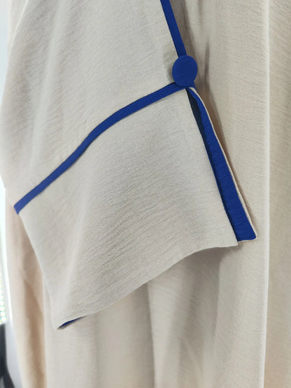 Beige Abaya Embroidered with Blue Patterns on Neckline Sleeves with Trim for Middle East Daily Wear Islamic Festivities Ramadan.