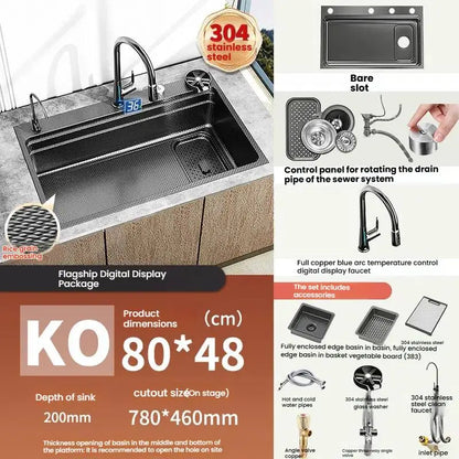 Gray 304 Stainless Steel Kitchen Sink Wash Dish Bowl Nano Embossing Large Single Slot Multifunctional Household Undermount Basin