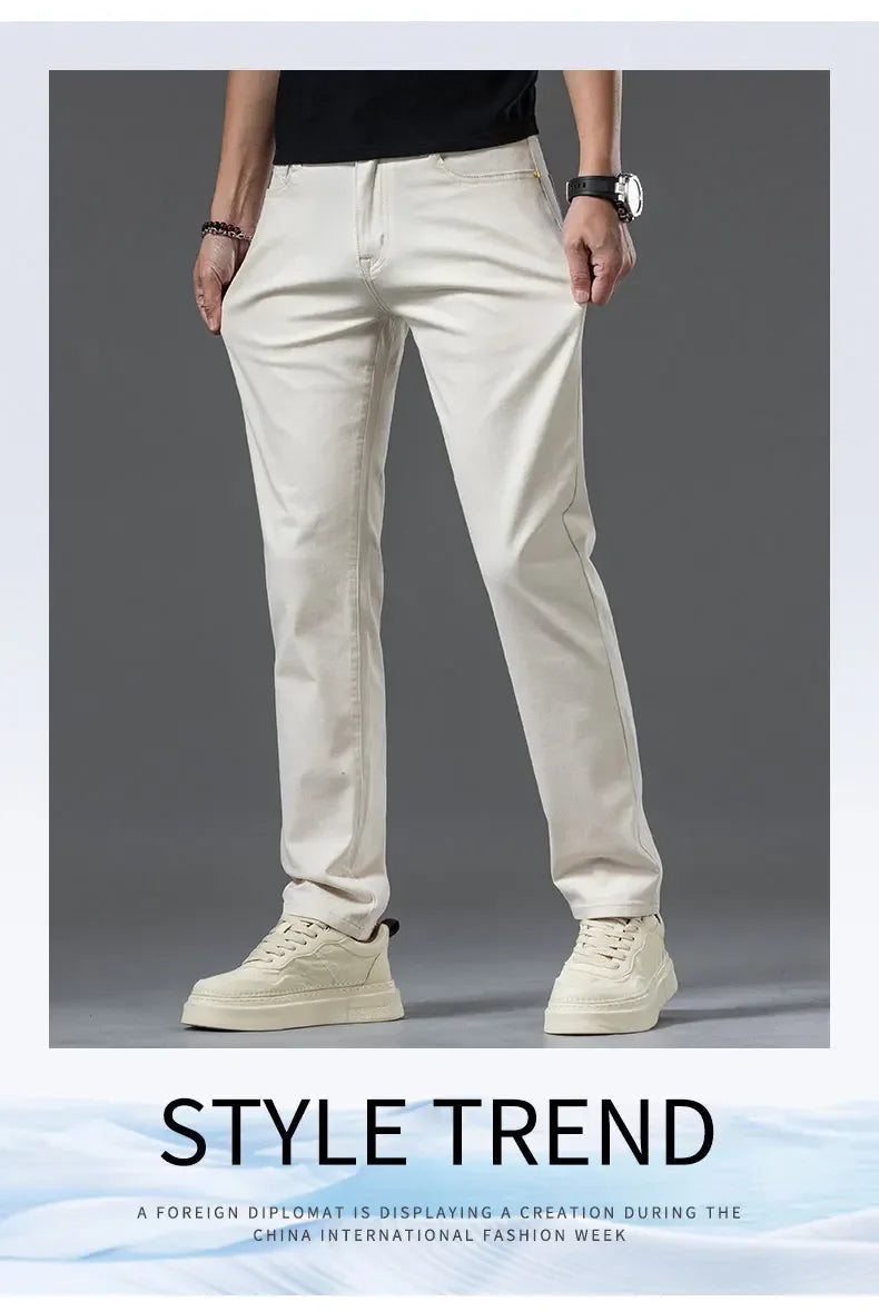 2024 New Summer Thin Men's Straight Denim Cotton Stretch Creamy-white Jeans Classic Business Pants Fashion Trousers Male Brand.