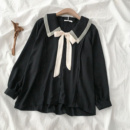 Large Size Niche Design Sense Single-breasted Women Shirt Autumn New Korean Lace-up Bow Blouse Female Solid Color Women Shirt.