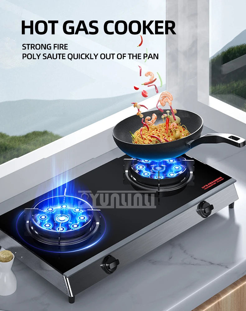Household Desktop Natural Gas Liquefied Gas Timing Stove Double-Hole Fierce Fire Kitchen Cooker Tool.