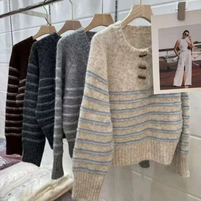 Striped Pullover Sweater Women Knitted Shirts Autumn Winter Female Fashion O-neck Knitwear Long Sleeve Casual Sweaters Knit Tops.