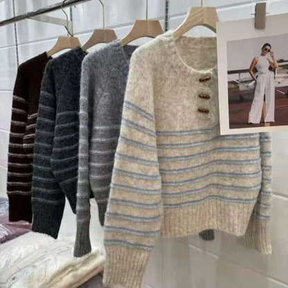Striped Pullover Sweater Women Knitted Shirts Autumn Winter Female Fashion O-neck Knitwear Long Sleeve Casual Sweaters Knit Tops.