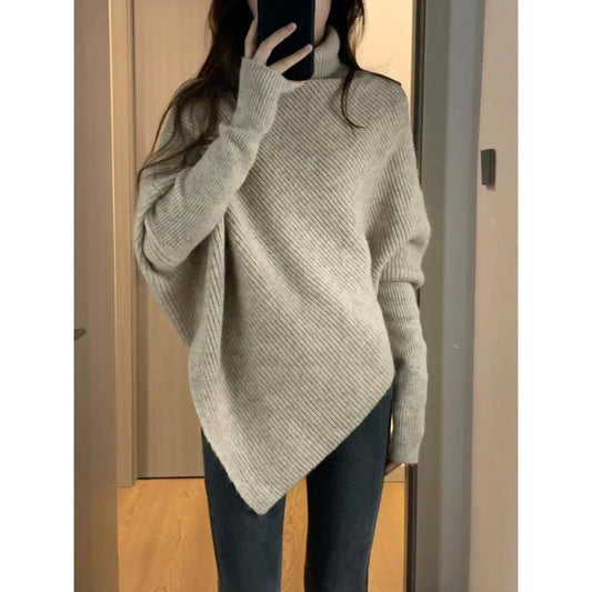 Herbst Winter Neue Frauen Pullover Koreanische Mode Chic Casual Rollkragen Solide Asymmetr Lose Batwing Hülse Pullover Gestrickte Tops