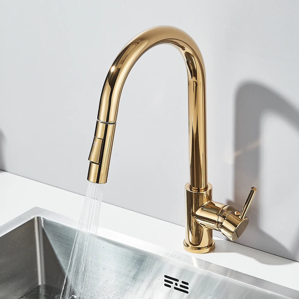 Pull Out Kitchen Faucet 2-Ways Stream/Shower Sprayer Head Deck Mounted Hot and Cold Water Mixers Single Handle Taps