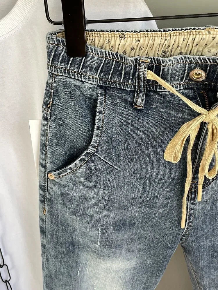 Spring Summer Trendy Men's Jeans Elastic Waist Slimming Harem Pants Smooths Your Silhouette Waist Slim Fit Denim Trousers.