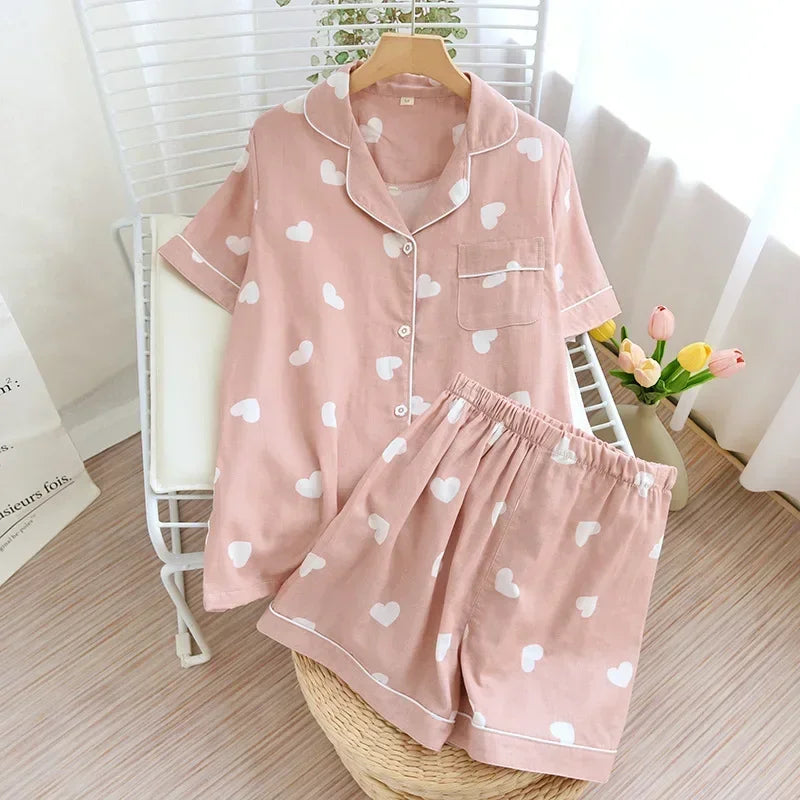 Japanische einfache kurze Pyjamas Frauen 100 % Baumwolle kurze Ärmel Damen Pyjama Sets Shorts süße Cartoon Nachtwäsche Frauen Homewear