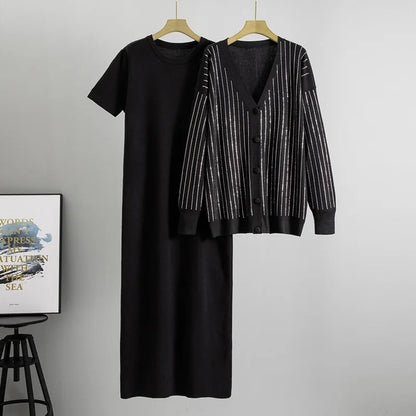 Women Knit 2 Piece Set Cardigan Set Sweater Muslim Short Sleeve Long DressEnsemble Knitwear Suit Modest Autumn Winter Outfits