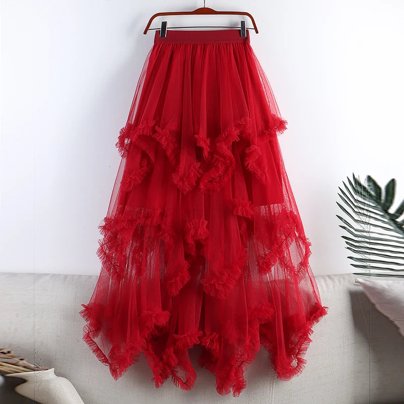 Autumn Winter New 2025 Irregular Cake Tulle Skirt Women Sweet Midi Long High Waist A Line Skirt Female Mesh Party Skirt Lady.