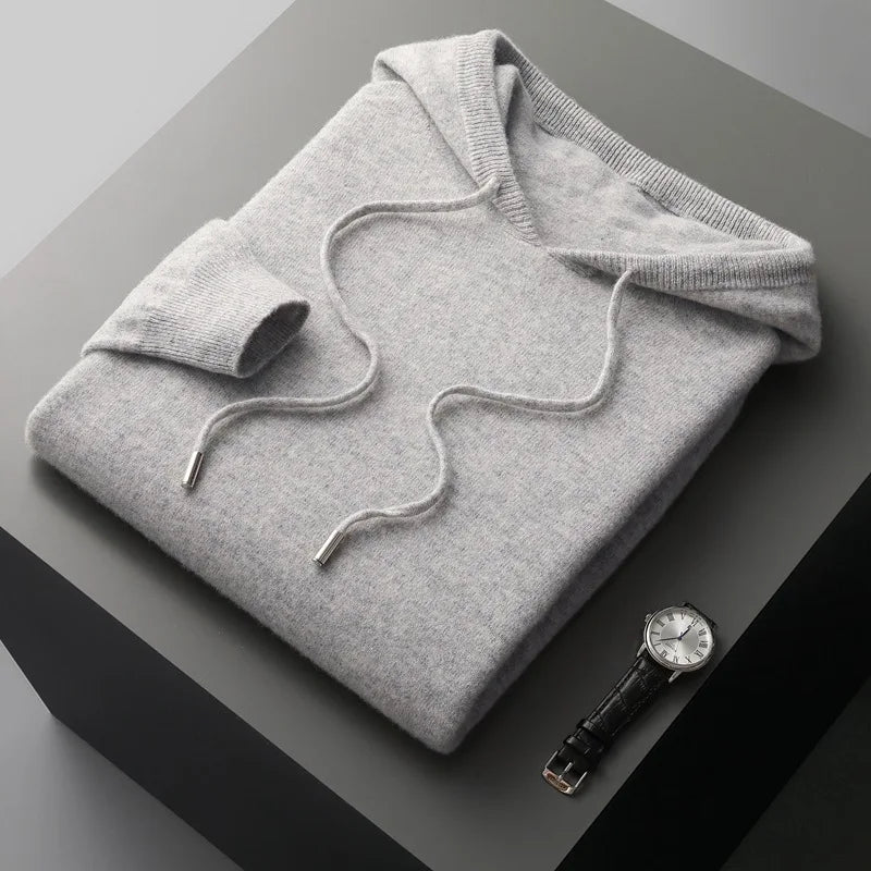100% Cashmere Sweater Men's Ready-To-Wear Hooded Knitted Pullover Autumn Winter Long Sleeved Sweater Casual Sports Hoodie Top