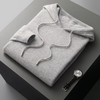 100% Cashmere Sweater Men's Ready-To-Wear Hooded Knitted Pullover Autumn Winter Long Sleeved Sweater Casual Sports Hoodie Top