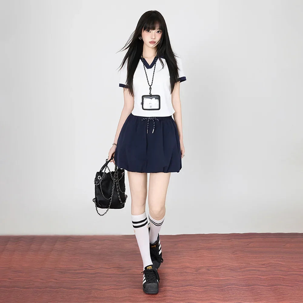 Korean College Style Half-length Shorts Floral Pants White Short-sleeved Set 2025 Versatile New Model Cotton V-neck T-shirt.