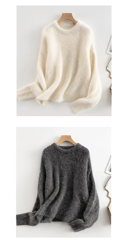SuyaDream Warm Alpaca Pullovers for Woman, Dropped Sleeved Loose Sweaters, 2025 Fall Winter Top, Camel, Beige