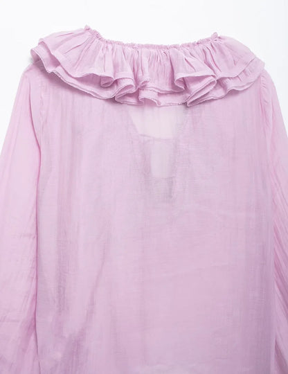 MUJER 2025 Ruffle Blouses for Women Semi Sheer Casual Blouse Woman Pleated Summer Shirts and Blouses Women Long Sleeve Women Top.